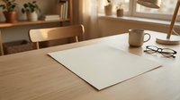 Blank white laptop on wooden desk with coffee mug, eyeglasses, and natural sunlight in modern home office workspace for mockup and design projects.