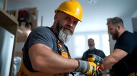 Muscular bearded construction worker in yellow hard hat and protective gloves operating power drill during home renovation with team member in background.