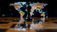 Black chess bishop piece on reflective surface with world map background, dramatic lighting creates strategic global business concept atmosphere.