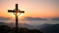 Wooden cross silhouetted against golden sunrise over misty mountain landscape, symbolizing faith, spirituality, and hope for religious and inspirational projects.