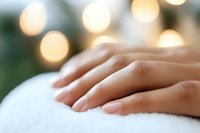 Gentle female hand resting on soft white fabric with blurred warm bokeh lights in background creating peaceful, dreamy atmosphere. Natural manicure and skin tone.