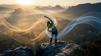 Young woman practicing yoga on mountain cliff at sunrise with flowing fabric creating dynamic movement against misty valley landscape backdrop.