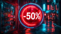 Glowing neon 50 percent discount sign in night city street with wet reflections and cyberpunk atmosphere in red and blue colors.
