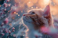 Dreamy portrait of ginger cat looking up among pink cherry blossoms with soft bokeh lights and snow falling, creating magical winter atmosphere.