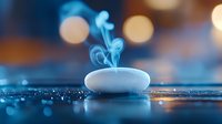Glowing white pebble with rising smoke on reflective surface against blurred blue and orange bokeh background creates mystical zen atmosphere for wellness and spa designs.