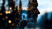 Dreamy double exposure silhouette of man in forest landscape blending with female profile against sunset sky, sparkles and bokeh create magical atmosphere.