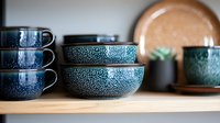 Handcrafted ceramic dinnerware set with speckled blue glaze pattern displayed on wooden shelf for modern kitchen and dining room decor.