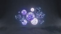Purple neon communication icons floating above dark surface including email, chat, phone, wifi and social media symbols for digital marketing concepts.