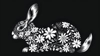 Decorative rabbit silhouette filled with white daisy flowers and floral patterns on black background, artistic folk art style design for spring and Easter season decor.