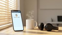 Smartphone displaying morning greeting message beside steaming coffee mug and headphones on wooden desk with warm sunlight streaming through blinds.
