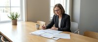 Caucasian woman, middle-aged, wearing business casual attire with glasses, reviewing documents at wooden desk in modern office setting with natural light and potted plant.