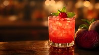 Red cocktail with cherry and mint garnish on wooden bar counter with warm bokeh lights background for restaurant menu design.