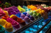 Vibrant rainbow colored gelato display in ice cream shop showcases artisanal frozen desserts with swirled peaks arranged in neat rows under glass case lighting.