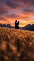 Romantic couple silhouette embracing in golden wheat field at sunset with dramatic orange and purple sky and mountain backdrop for wedding concepts.