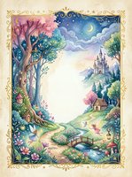 Watercolor fairy tale frame with castle, fairies, enchanted forest, bridge, and moonlit sky, with blank center space for text or design.
