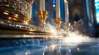 Burning candles in orthodox church with rising incense smoke creating mystical atmosphere against ornate golden decorations and blue stained glass background.