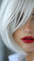 Close-up portrait showing platinum blonde hair and bright red lips on Asian woman's face, with soft focus and dramatic lighting creating sensual beauty mood.
