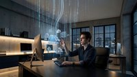 Professional businessman analyzing holographic data streams and digital interfaces in modern office environment for technology and business innovation concepts.