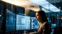 Professional Asian woman data analyst working with multiple computer monitors displaying charts and analytics in modern tech office environment.