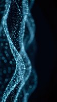 Abstract blue flowing particles with glowing dots and bokeh effects on dark background for digital technology and futuristic design concepts.