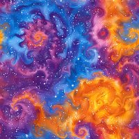 Vibrant cosmic nebula pattern with swirling orange, purple and blue galaxy clouds dotted with stars creates seamless celestial background for creative projects.