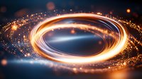 Glowing energy vortex with orange light trails and sparkles swirling in spiral motion against dark background, creating dynamic abstract composition.