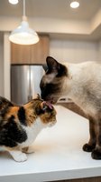 Two cats touching noses on kitchen counter in modern home interior with pendant lighting and stainless steel appliances. Feline friendship and bonding moment.