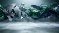 Abstract geometric composition with flowing metallic ribbons and green accents creating dynamic movement over concrete surface for modern design projects.