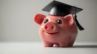 Pink ceramic piggy bank wearing graduation mortarboard cap with tassel against neutral background, symbolizing education savings and financial planning for college.