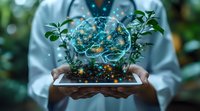 Digital tablet displaying glowing brain hologram with growing plants, symbolizing cognitive enhancement and mental health through nature connection and technology.
