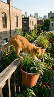 Ginger cat exploring rooftop garden with potted plants and urban skyline in background, perfect for pet, urban lifestyle, and gardening content.