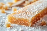 Homemade caramel candy bar dusted with powdered sugar on rustic wooden surface, macro shot showing soft texture and crystalline details in warm lighting.