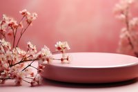 Pink product display platform with delicate cherry blossom branches creating elegant spring aesthetic for cosmetic and beauty product presentations.