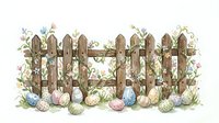Watercolor wooden fence with colorful Easter eggs scattered in grass and spring flowers, rustic garden border design for seasonal decorations.