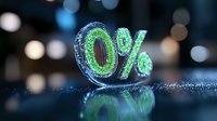 Glowing green zero percent sign with reflection on dark background and bokeh lights, symbolizing interest rate and financial concept for banking promotions.