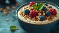 Healthy breakfast bowl with yogurt, granola, fresh berries and mint garnish on rustic wooden table for morning nutrition and wellness lifestyle.