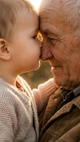 Toddler boy and senior man sharing affectionate moment nose-to-nose in warm golden sunlight, expressing love and family bonding between generations.