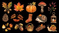 Autumn clipart set with pumpkin, hedgehog, mushroom, acorns, leaves, snail, lantern, and berries, isolated on transparent background, ready for stickers, t-shirt design, and print on demand.