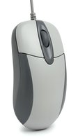 Wired computer mouse with scroll wheel in gray and white, isolated on white background, ready for tech, office, and hardware design use.