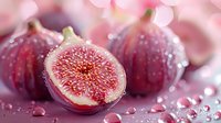 Fresh ripe figs cut in half showing juicy red flesh and seeds with water drops on pink background, macro food photography for healthy eating concept.