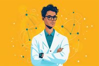 Young Asian male scientist in white lab coat and glasses stands confidently with crossed arms against orange background with molecular structure network pattern.