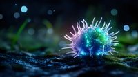 Microscopic virus cell with spikes glowing in blue and purple colors against dark background for medical education and scientific research presentations.