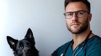 Young male veterinarian with glasses and stethoscope posing with black dog patient in modern clinic for pet healthcare and animal medicine concepts.