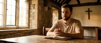 Young bearded man praying at wooden table in rustic church interior with stone walls and cross. Spiritual meditation and faith concept for religious content.