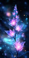 Magical glowing flower stem with luminescent pink and blue crystal petals against dark starry background, creating ethereal fantasy atmosphere. Perfect for mystical designs.