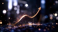 Glowing golden arrow rises over night city skyline with bokeh lights and sparkles, representing business growth and financial success in urban setting.