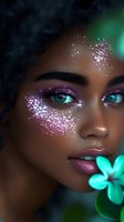 Close up portrait of young African American woman with fantasy makeup featuring pink glitter, turquoise eyes and glowing flower elements against dark background.