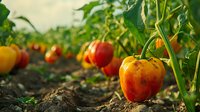 Fresh ripe red and yellow bell peppers growing on plants in organic garden, closeup view of vegetables on dark soil with green leaves and natural sunlight.