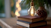 Glowing vintage light bulb decoration on stacked books with pine cone and bokeh lights creating cozy winter holiday atmosphere for reading and relaxation.