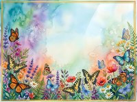 Watercolor spring garden border with colorful butterflies and wildflowers on pastel rainbow background for greeting cards and botanical designs.